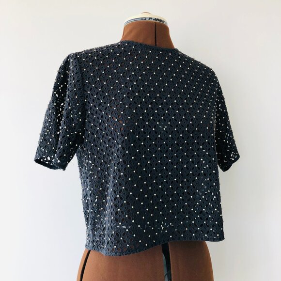 Rhinestone Studded Navy Cotton Eyelet Boxy Crop Top - Picture 4 of 8